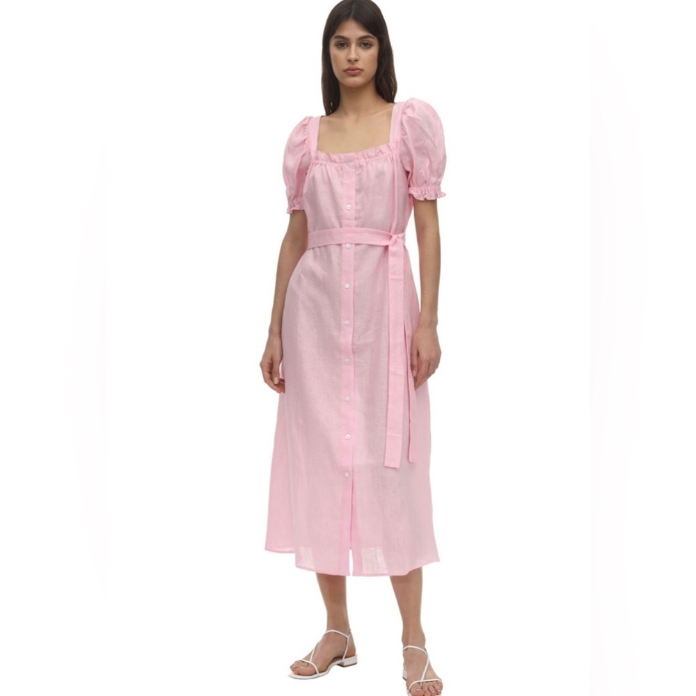NWOT Sleeper Pink Linen Maxi Dress Size XL Puff Sleeve Button Front Romantic